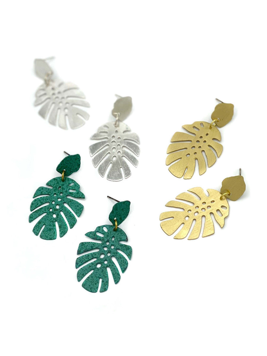 Monstera Leaf Stud Earrings | Handcrafted Recycled Metal
