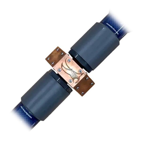 Close-up of a mechanical component with blue and copper parts on a white background