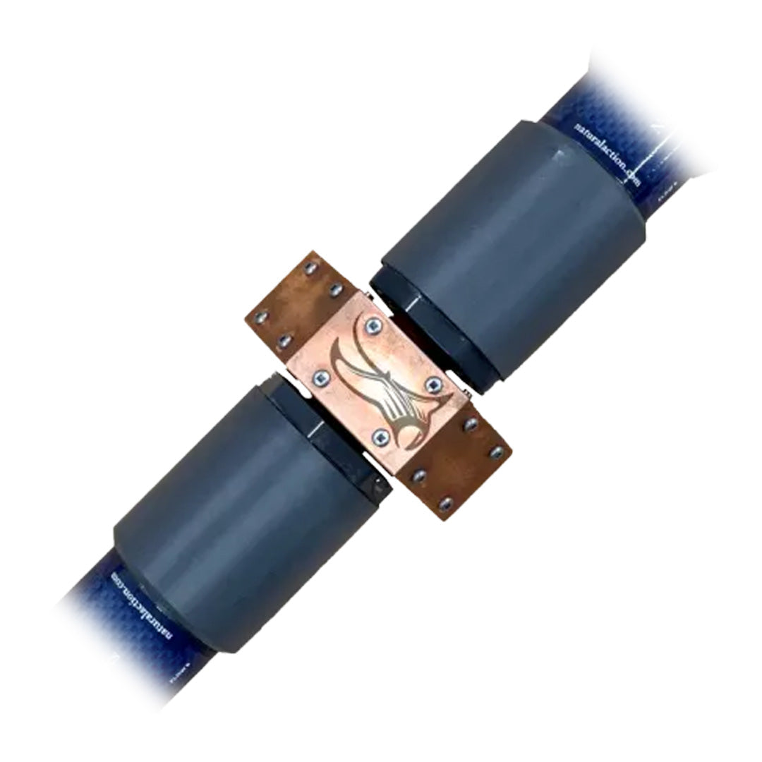 Close-up of a mechanical component with blue and copper parts on a white background