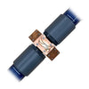 Close-up of a mechanical component with blue and copper parts on a white background