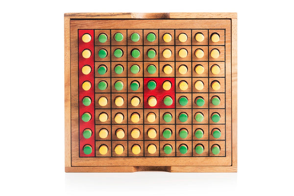 Wooden game board with colored dots on a white background