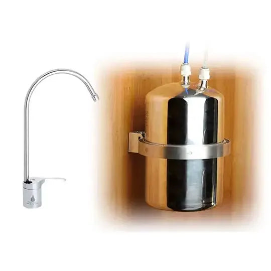 Stainless steel water filter mounted on a wooden wall with a white background