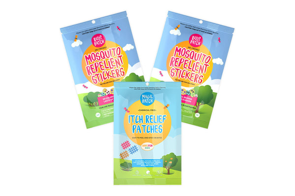 Child wearing BuzzPatch natural mosquito repellent patch outdoors — safe for kids and babies