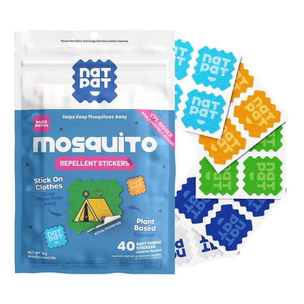 Nat Pat mosquito repellent stickers packaging with multiple stickers displayed on a white background. DEET-free natural mosquito repellent patches for adults — plant-based essential oils, no skin contact & no mess. Perfect for travel, camping & outdoor life. Shop now.