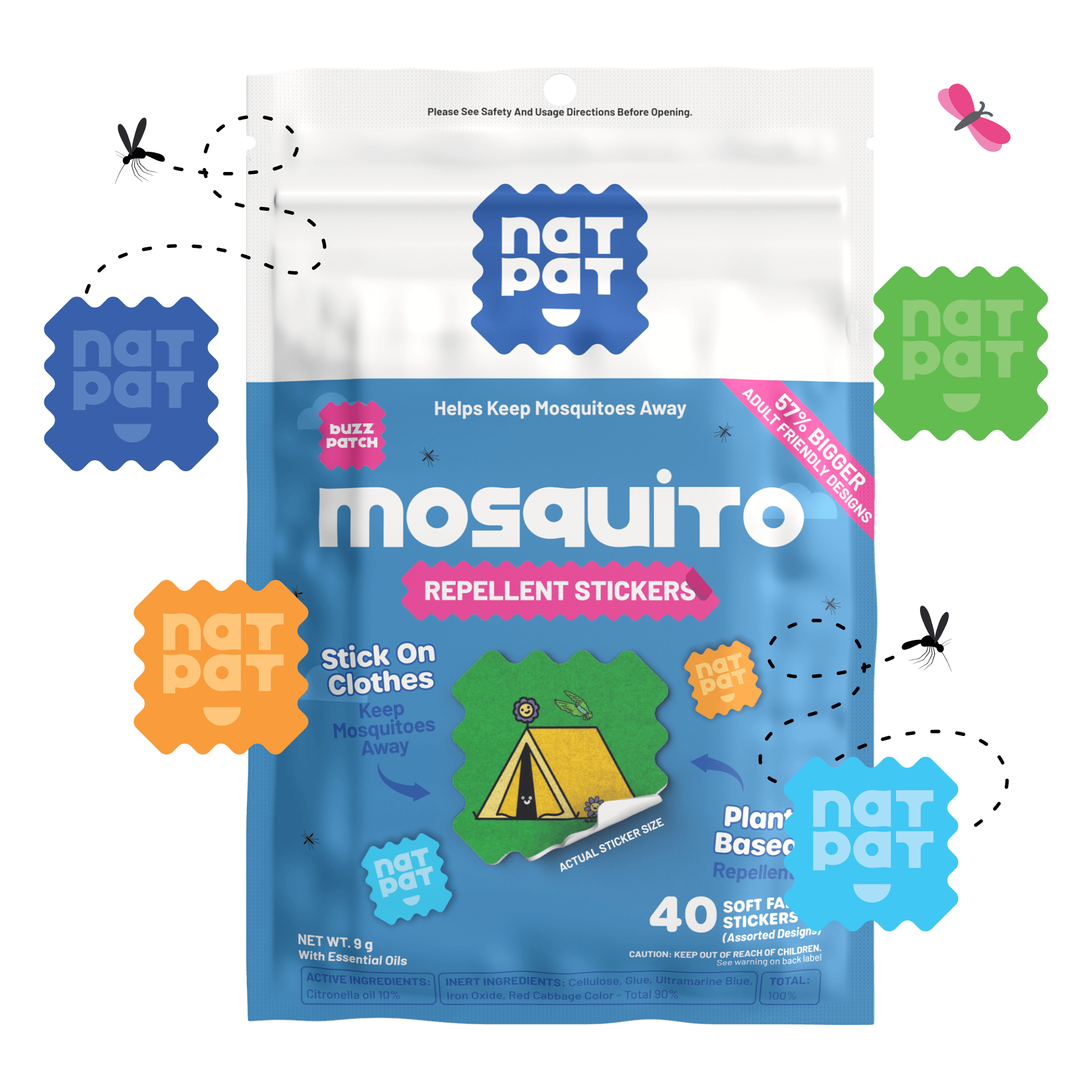 Package of Nat Pat mosquito repellent stickers on a black background