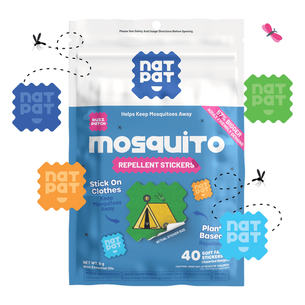 Package of Nat Pat mosquito repellent stickers on a black background