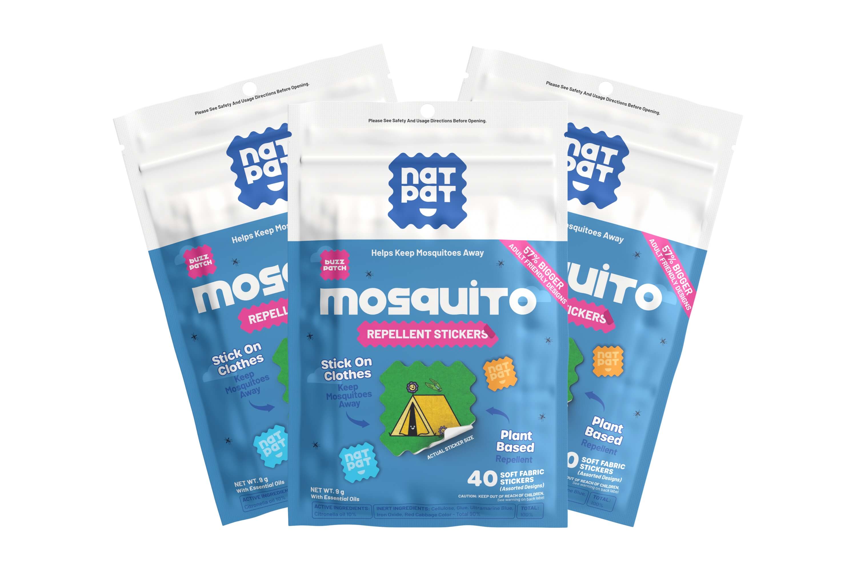 Three packages of Natrapet mosquito repellent stickers on a white background