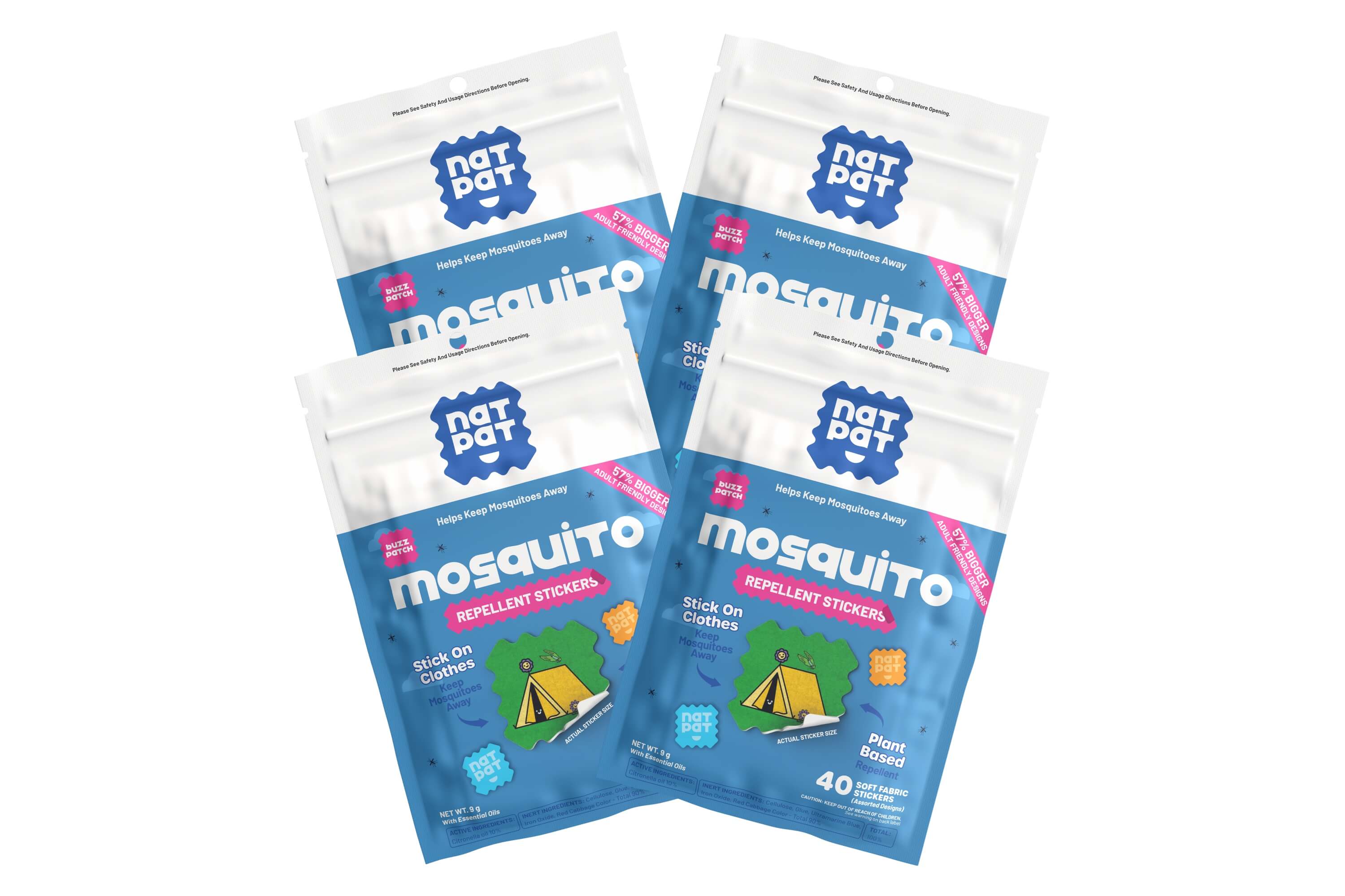 Five packs of Not Pest mosquito repellent stickers on a white background