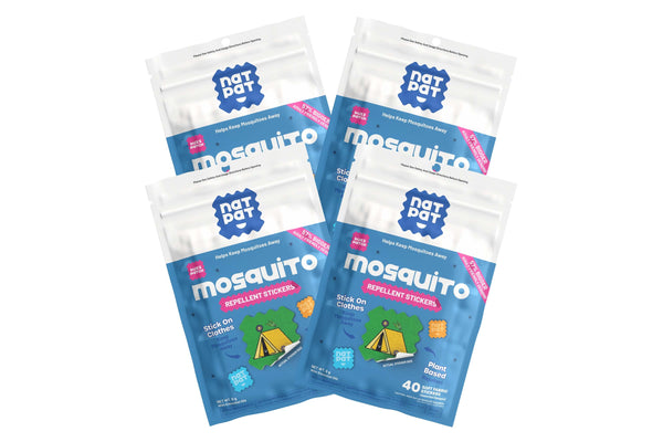 Five packs of Not Pest mosquito repellent stickers on a white background