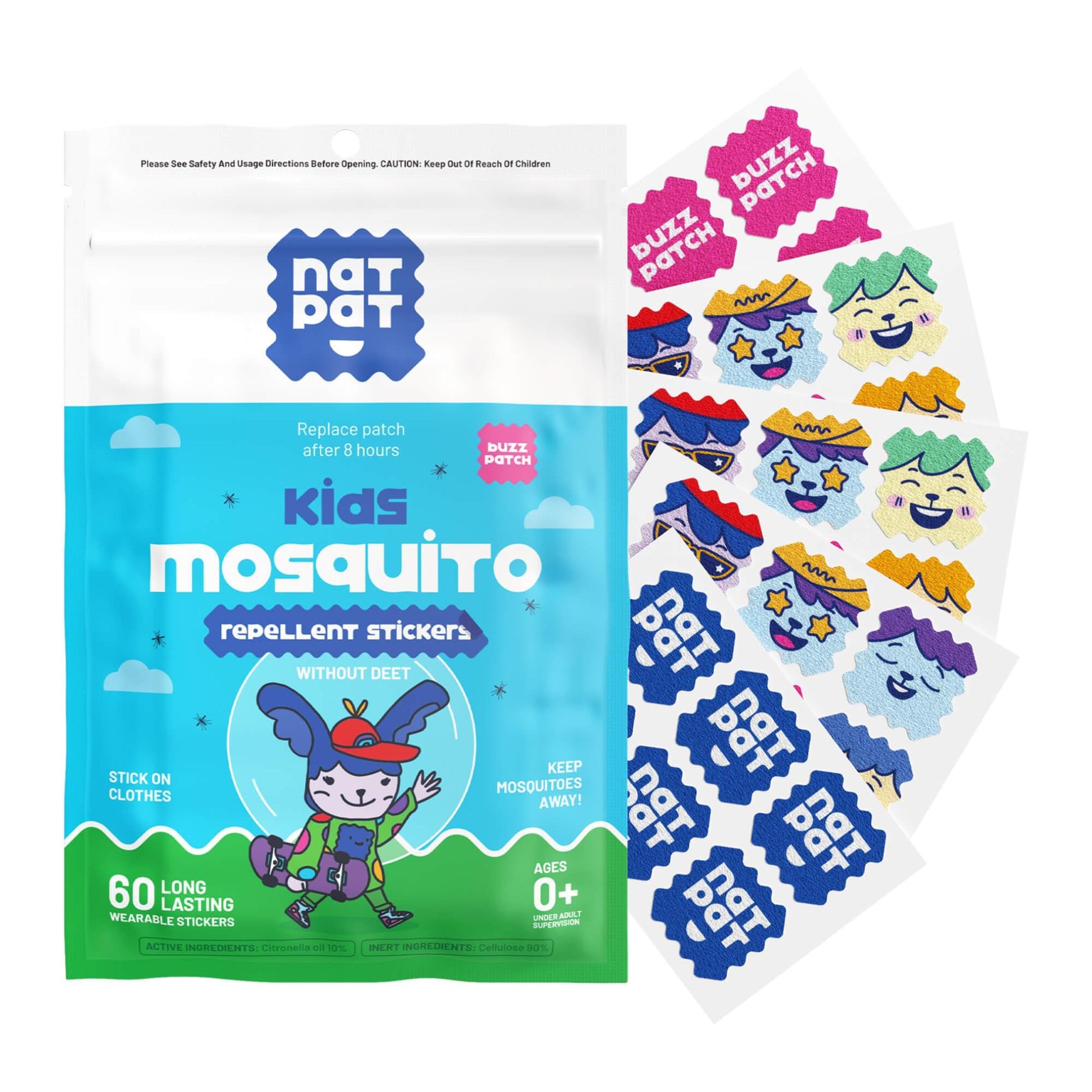 NatPat Kids Mosquito Repellent Stickers packaging with stickers displayed on a white background. NATPAT kids mosquito patches — DEET-free, plant-based citronella & eucalyptus protection for babies & children. Up to 8 hours. No skin contact. Perfect family gift.
