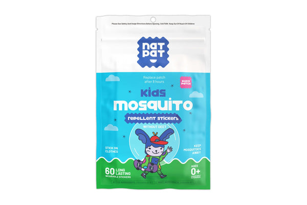 Package of NatPat Kids Mosquito Repellent Stickers on a white background. NATPAT kids mosquito patches — DEET-free, plant-based citronella & eucalyptus protection for babies & children. Up to 8 hours. No skin contact. Perfect family gift.