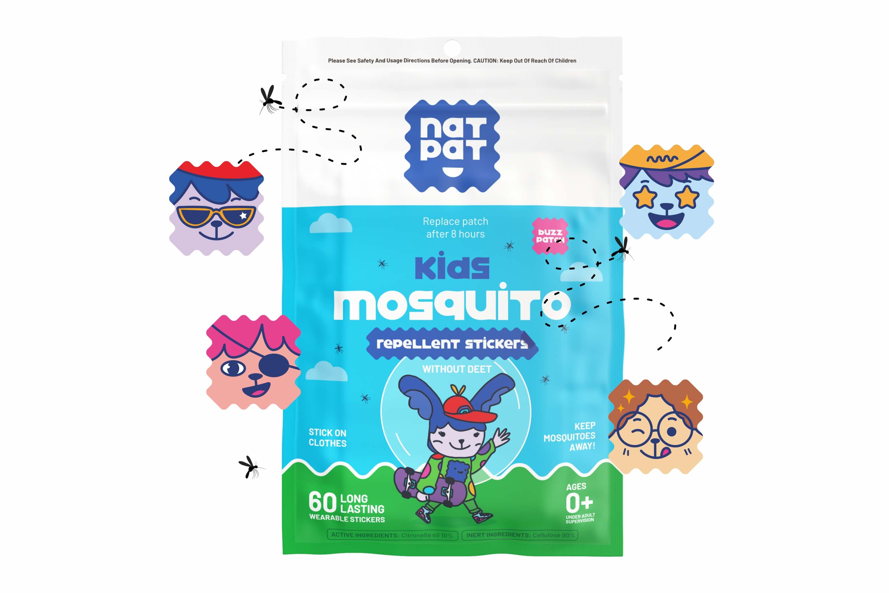 Package of kids mosquito repellent stickers with cartoon characters on a white background. NATPAT kids mosquito patches — DEET-free, plant-based citronella & eucalyptus protection for babies & children. Up to 8 hours. No skin contact. Perfect family gift.