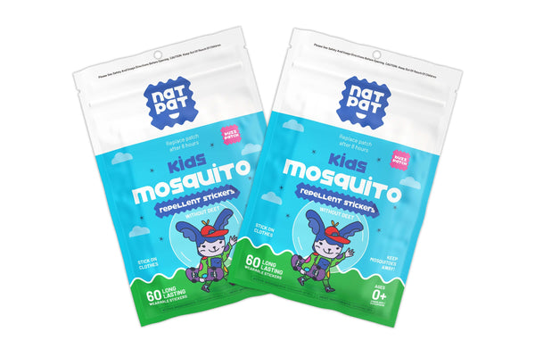 Two packages of Natrapet Kids Mosquito Repellent Stickers on a white background