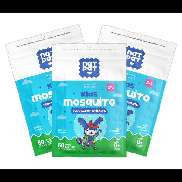 Three packages of Natrap Kids Mosquito repellent stickers on a white background