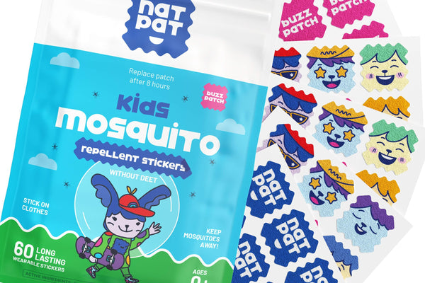 Packaging of NatPat Kids Mosquito Repellent Stickers with colorful designs on a white background. NATPAT kids mosquito patches — DEET-free, plant-based citronella & eucalyptus protection for babies & children. Up to 8 hours. No skin contact. Perfect family gift.