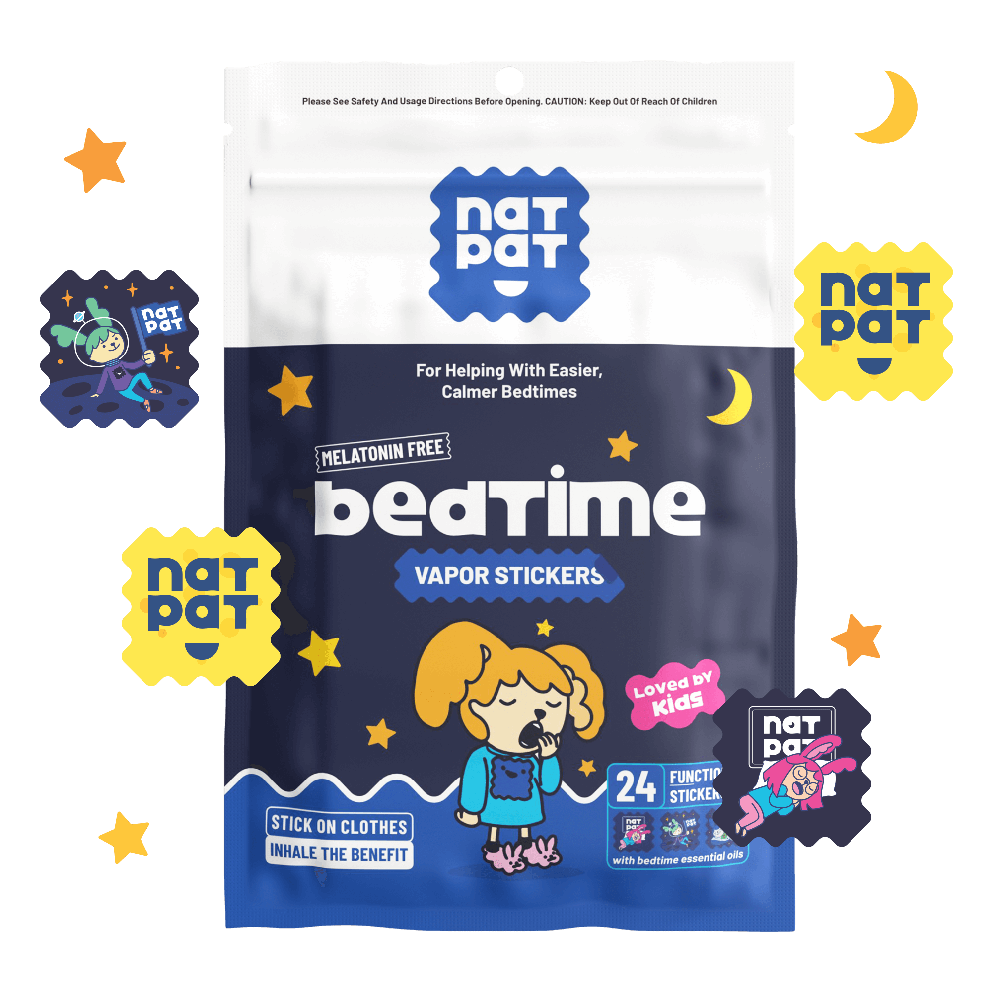 Child sleeping peacefully wearing NATPAT natural sleep patch on pyjamas — calming bedtime support for kids aged 2+