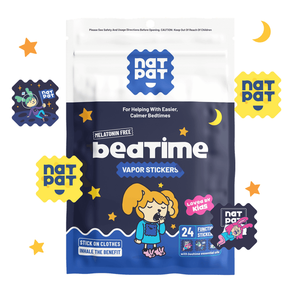Child sleeping peacefully wearing NATPAT natural sleep patch on pyjamas — calming bedtime support for kids aged 2+