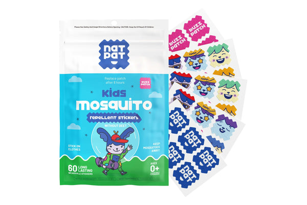 Child wearing NATPAT BuzzPatch mosquito repellent patch – chemical-free outdoor protection for kids