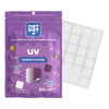 Purple package of NatPat UV sensor stickers with a sheet of white color-changing stickers on a white background.