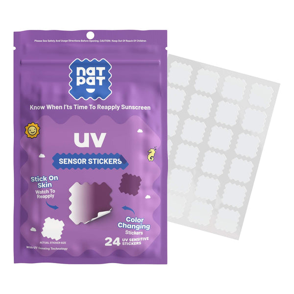 Purple package of NatPat UV sensor stickers with a sheet of white color-changing stickers on a white background.
