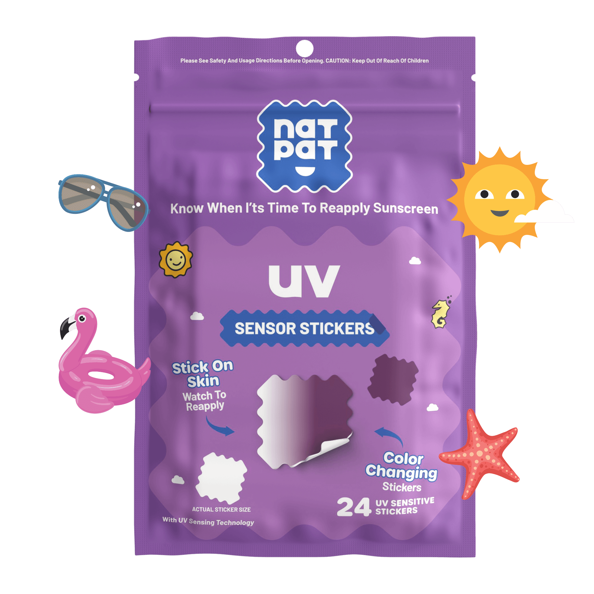 Purple package of nat pat UV sensor stickers with sun, sunglasses, and flamingo illustrations on a black background.