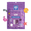 Purple package of nat pat UV sensor stickers with sun, sunglasses, and flamingo illustrations on a black background.