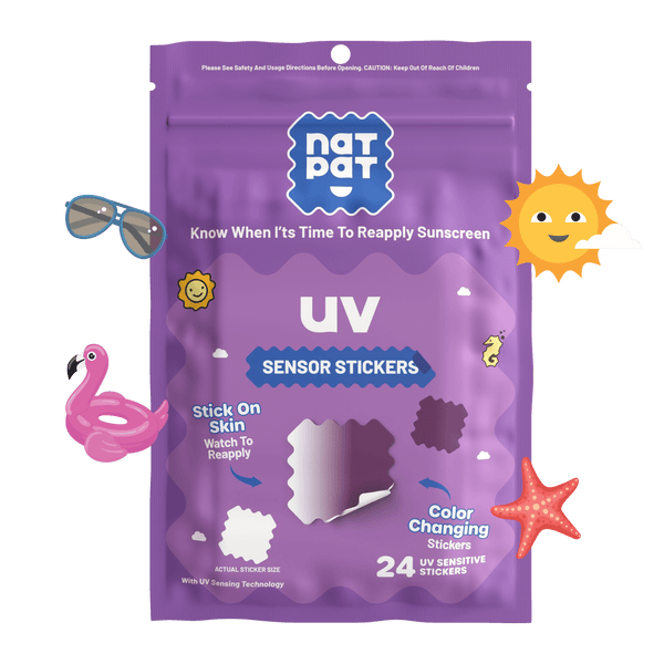 Purple package of nat pat UV sensor stickers with sun, sunglasses, and flamingo illustrations on a black background.