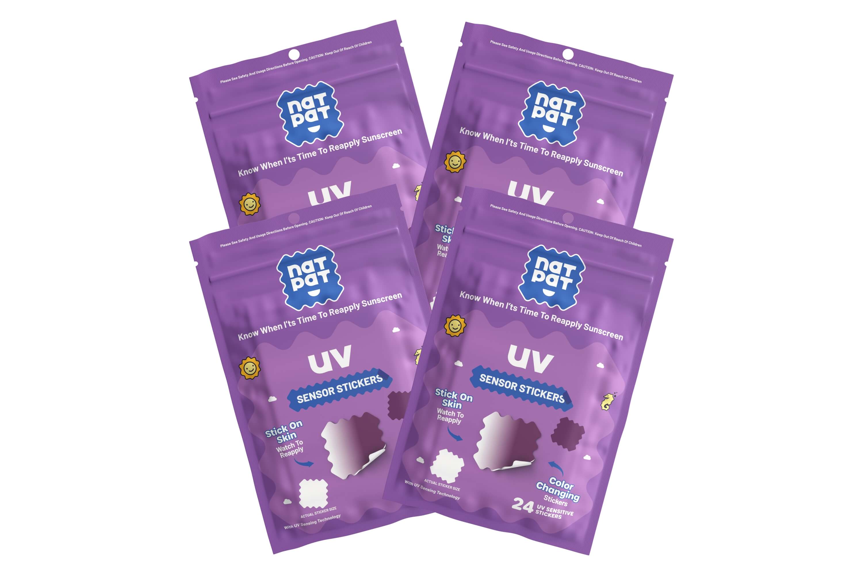 Five purple packages of Not Pet Senior Stickers with UV labels on a white background