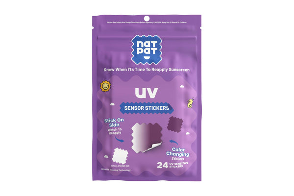 Purple package of Natrap UV Sensor Stickers on a white background. SunnyPatch UV stickers change color when it's time to reapply sunscreen — safe for babies & kids. Fun, smart sun protection for beach, pool & outdoor play. Shop now.
