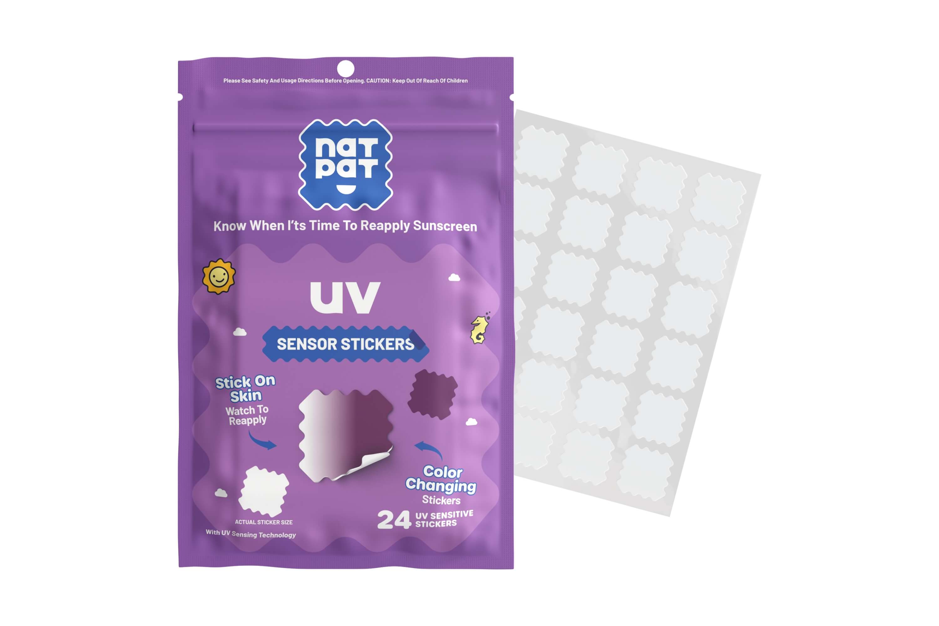 Purple package of NatPat UV sensor stickers with a white sheet on a white background