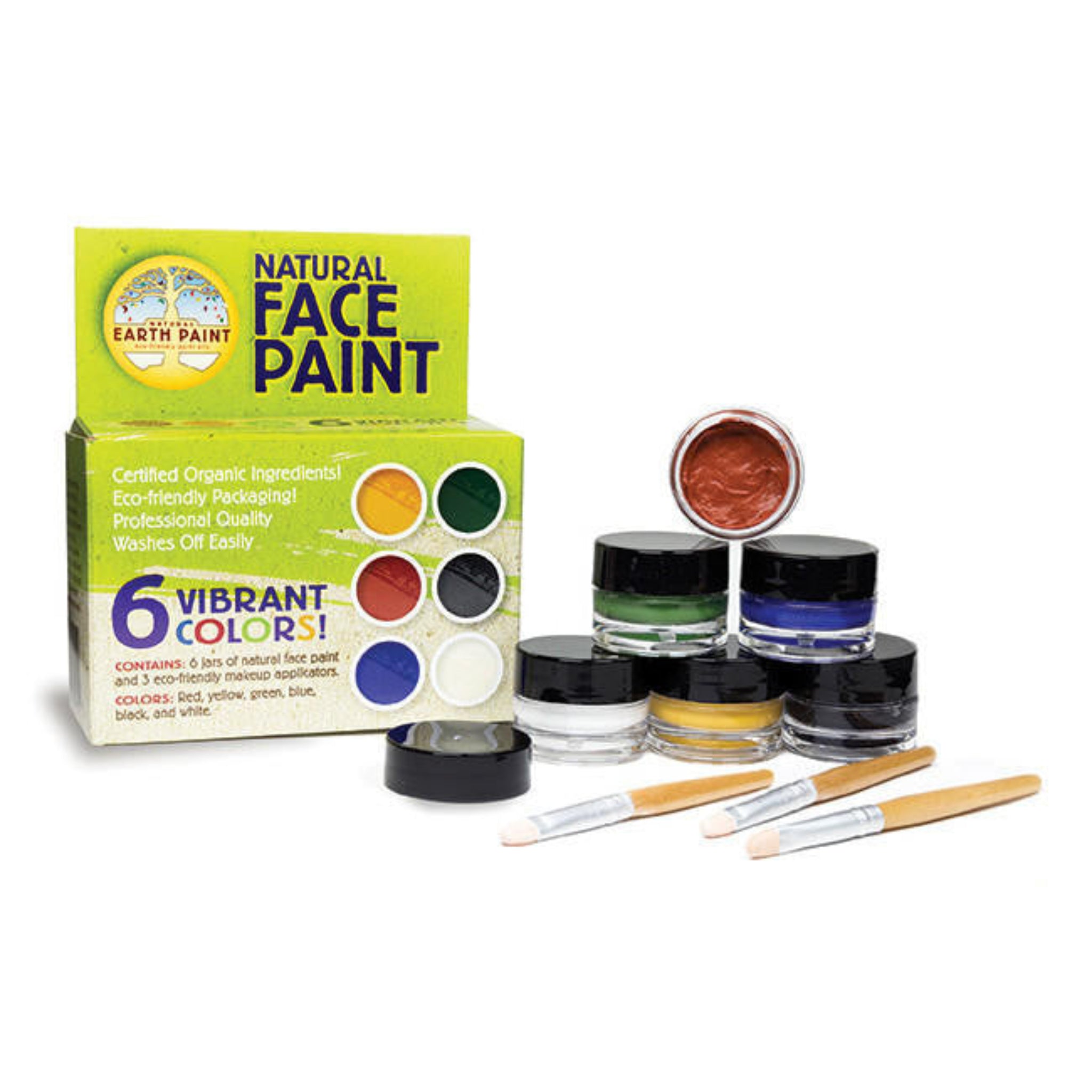 Natural face paint kit with packaging, jars of paint, and brushes on a white background