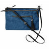 Blue crossbody bag with black straps on a white background