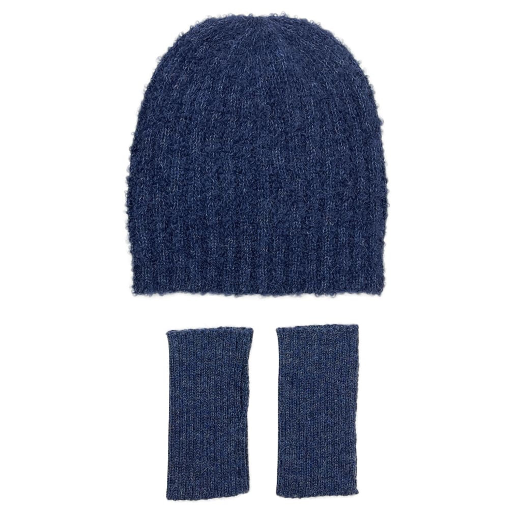 Blue knit beanie and fingerless gloves set on a white background