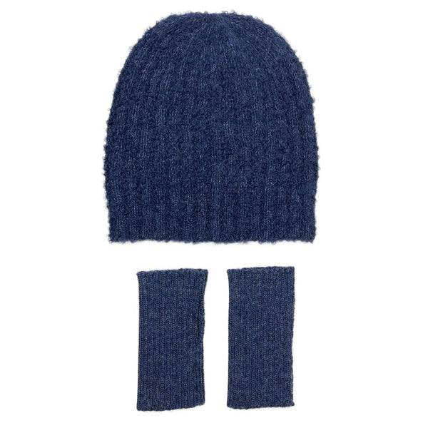 Blue knit beanie and fingerless gloves set on a white background