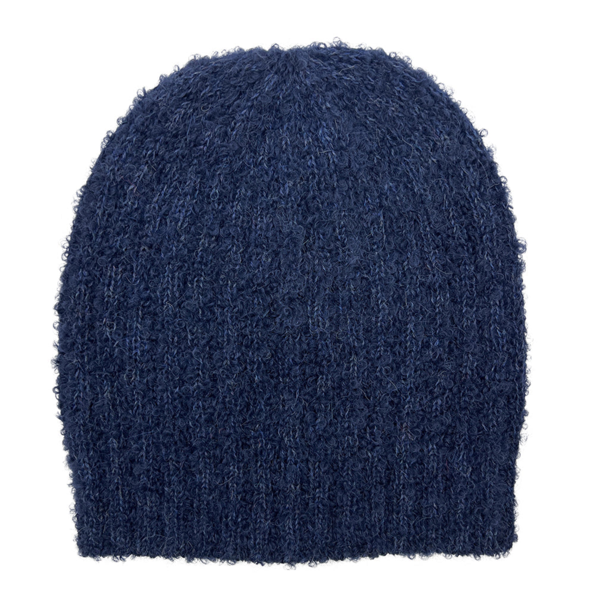 Blue textured beanie on a white background