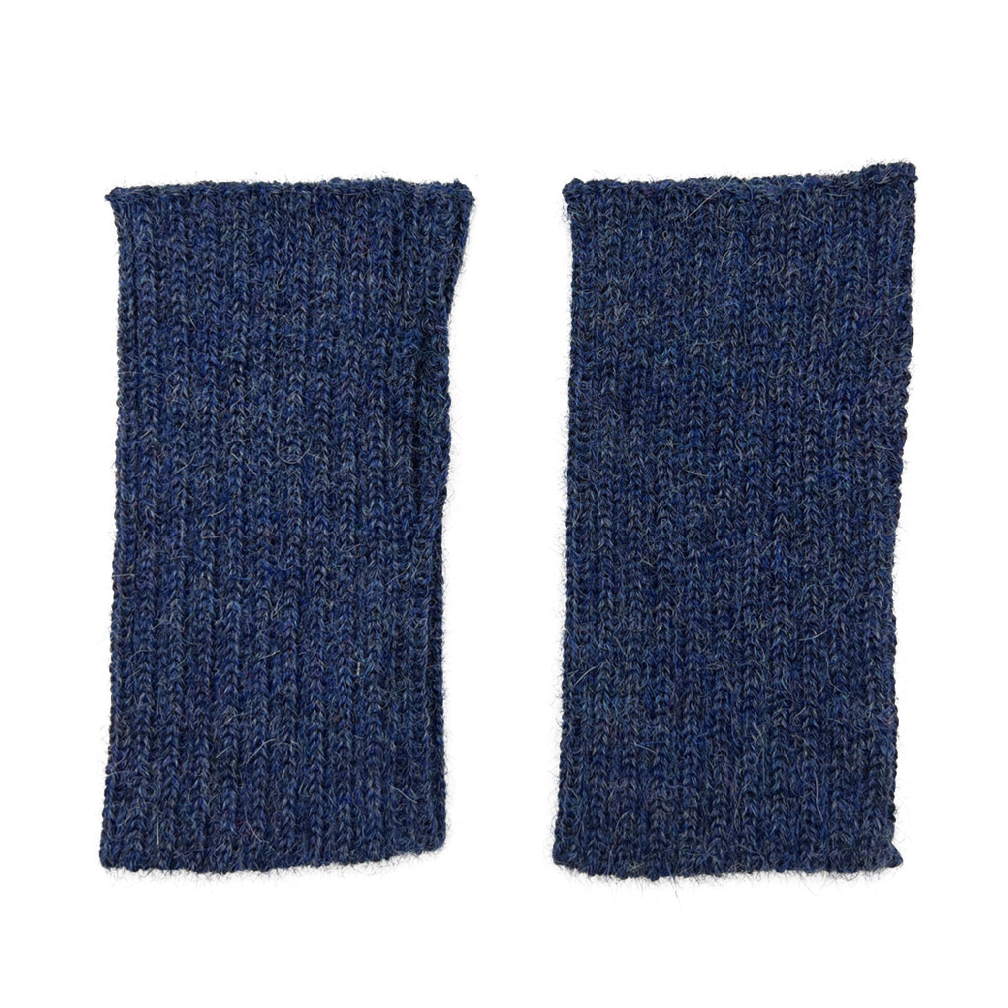 Pair of blue knitted fingerless gloves on a white background