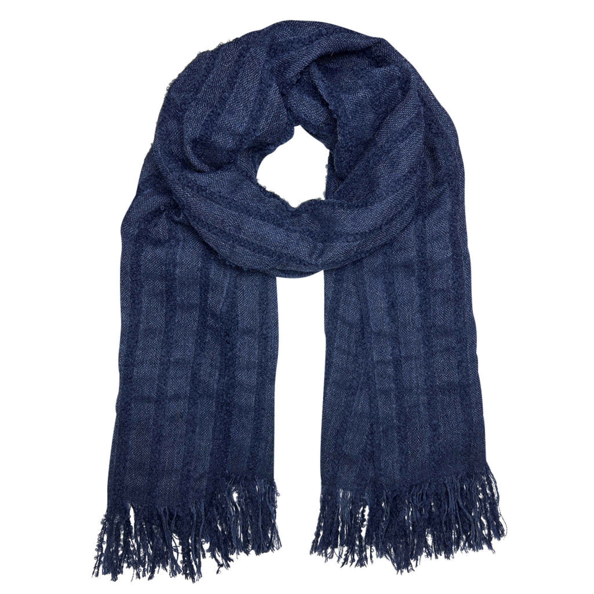 Blue alpaca scarf with fringes on a white background