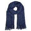 Blue alpaca scarf with fringes on a white background