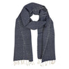 Navy blue patterned scarf with white tassels on a white background
