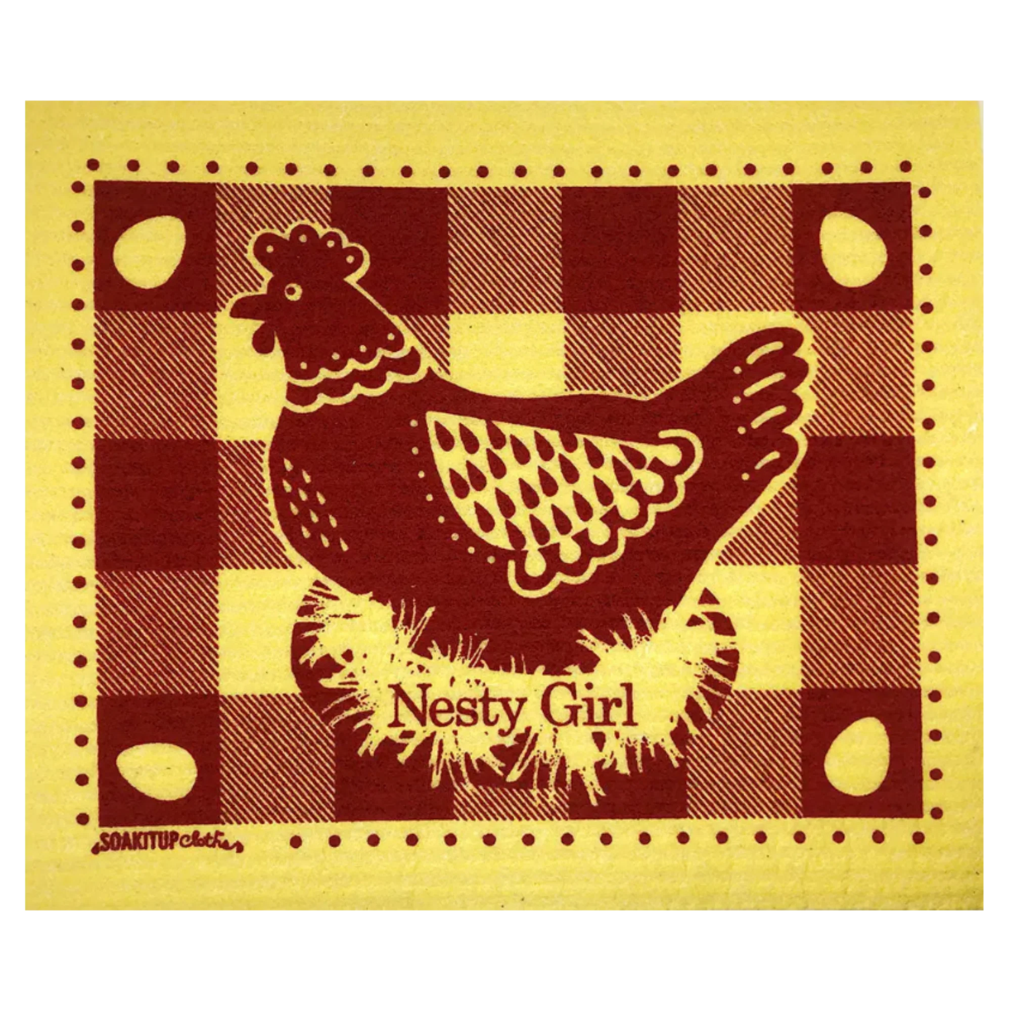 Blue Nesty Girl Hen Swedish dishcloth by Soak iT Up shown flat, made from 70% cellulose and 30% cotton