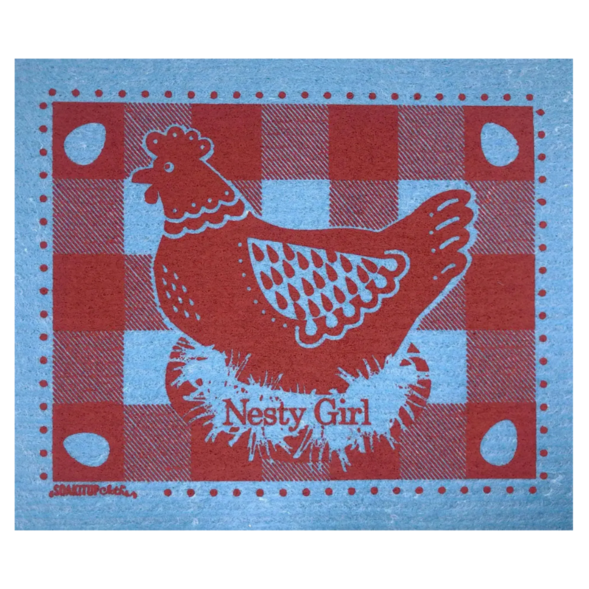 Nesty Girl Hen yellow Swedish dishcloth with blue background, reusable and compostable kitchen cloth by Soak iT Up