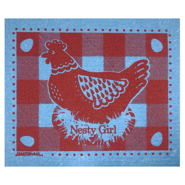 Nesty Girl Hen yellow Swedish dishcloth with blue background, reusable and compostable kitchen cloth by Soak iT Up