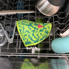 Nesty Girl Hen yellow Swedish dishcloth laid flat, 8 by 6.75 inch reusable cleaning cloth by Soak iT Up