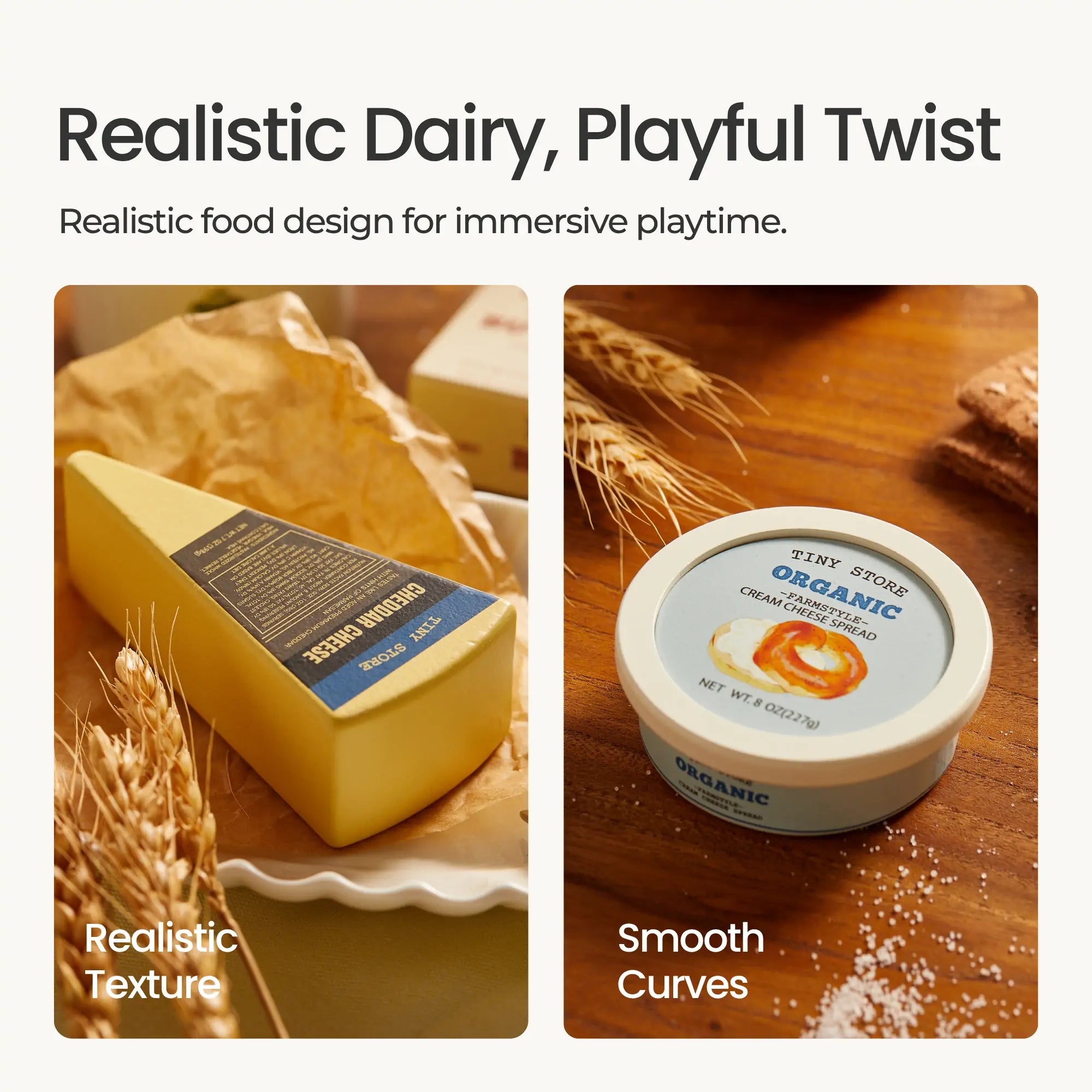 Tiny Land dairy play food set net contents label showing FSC-certified wood and eco-friendly materials