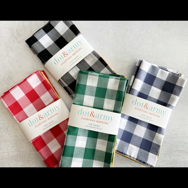 Gingham check cloth napkins set of four with honey mustard edge, made in Georgia by Dot and Army