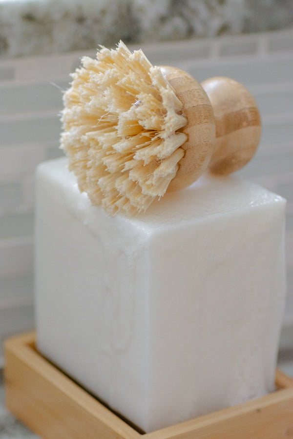 Natural loofah sponge on a block of soap with a blurred background