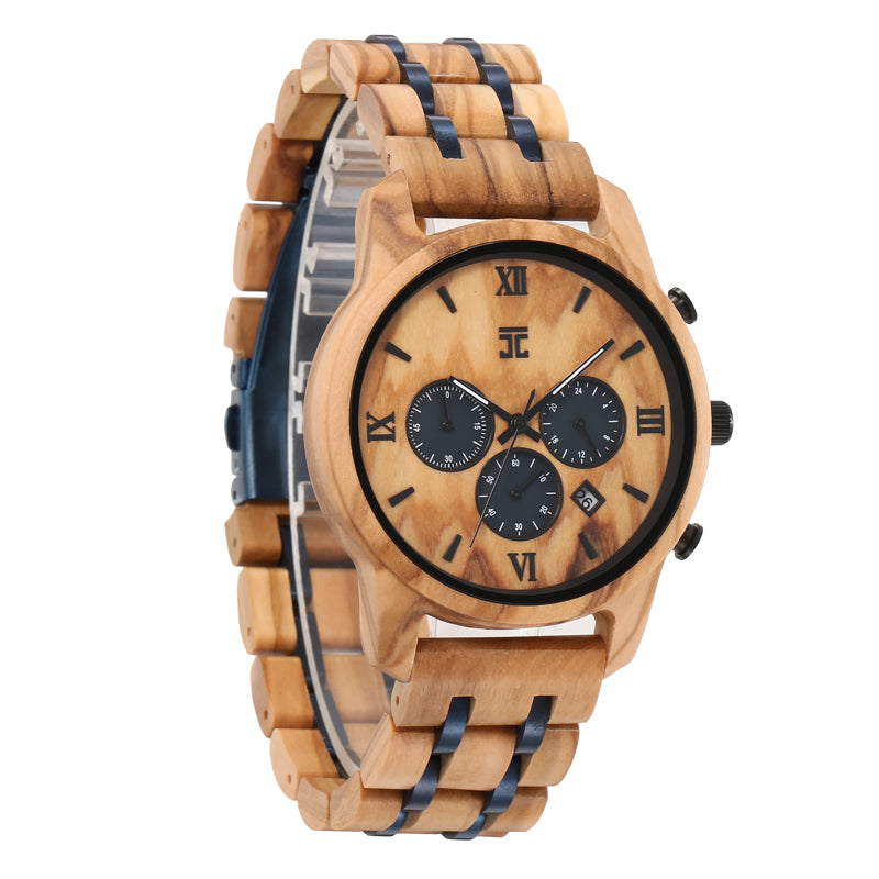 Wooden watch with black details on a white background