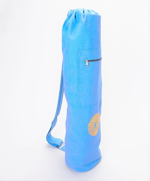 OMSutra Natraj yoga mat bag in blue with drawstring and OM embroidery detail