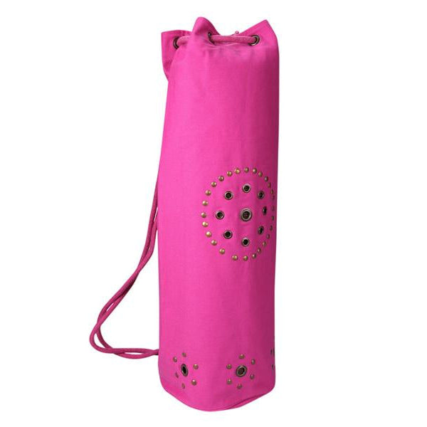Pink yoga mat bag with decorative elements on a white background