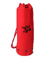 OMSutra Mahashakti yoga mat bag in red showing distressed grommet border detail and OM embroidery